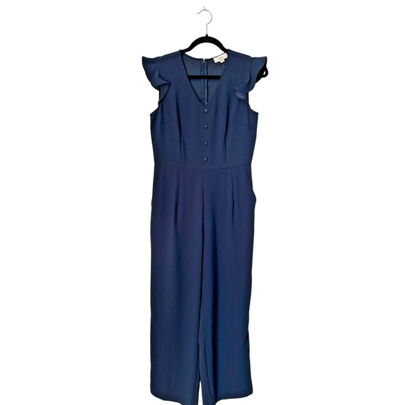 Loft Jumpsuit SZ 2 Navy Blue Wide Leg Flutter Cap Sleeves Pockets Office Casual - Picture 1 of 15